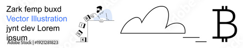Risk management, digital finance, cryptocurrency, cloud computing, decision-making, blockchain technology. A man balancing blocks labeled risk next to a cloud and Bitcoin icon. Risk management