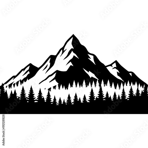 Minimalist black mountain silhouette with a dense pine forest landscape icon.