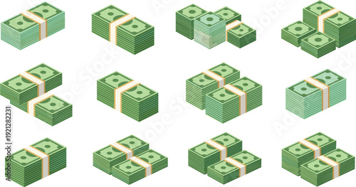 Cash money stack icon set flat vector collection of bundled dollar banknotes finance currency isolated on light background