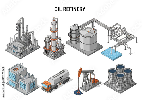 Collection of isometric industrial oil refinery elements and machinery
