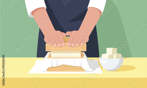 Handmade tofu pressing in a wooden mold