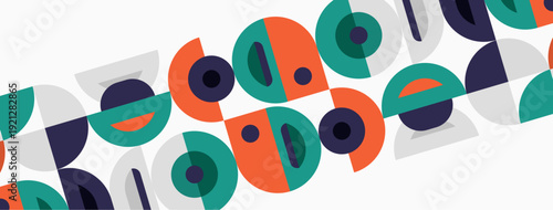 Abstract geometric pattern. Circles, semicircles repeat diagonally. Colors include orange, teal, navy, white. Modern design element.
