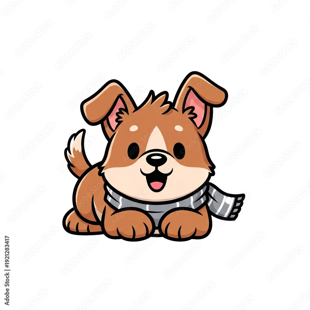 Fototapeta premium Cartoon illustration of a charming brown and beige puppy with a striped gray scarf, lying down and smiling happily, with black outlines