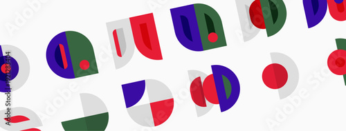 Abstract geometric shapes, colorful segments, overlapping circles. Minimalist design, flat illustration, repeating pattern. Bright hues create visual interest.