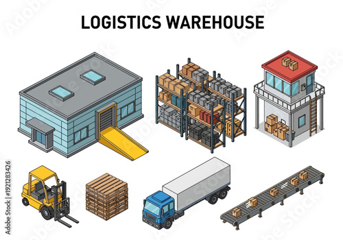Isometric Warehouse and Logistics Services with Forklift, Truck, and Conveyor Belt for Supply Chain Management