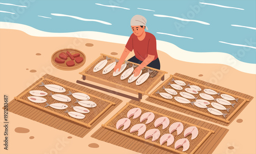A person arranging fresh fish under the sunlight near the seaside