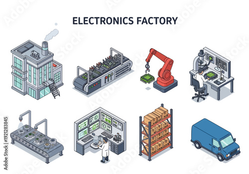 Collection of isometric illustrations depicting an electronics factory and its various components including machinery, workers, and delivery vehicles