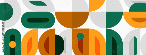 Abstract geometric pattern. Overlapping shapes create playful design. Colors include orange, green, gray tones. Modern aesthetic.