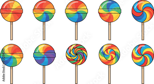 Colorful rainbow lollipop candy icon set flat vector collection of sweet swirl sweets on sticks isolated on light background