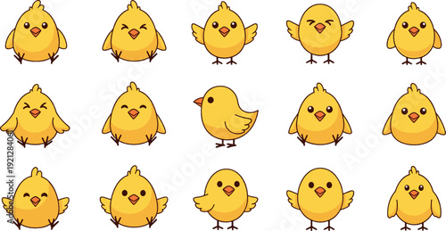 Cute baby chick cartoon character set flat vector collection of yellow chickens in different poses isolated on light background