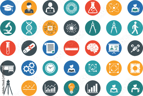 Comprehensive education and science icon set featuring graduation caps laboratory equipment DNA strands neural networks and professional career growth symbols