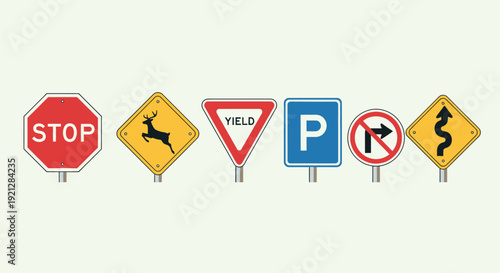 Essential Traffic and Road Safety Signs Collection: A Vector Illustration Featuring Stop, Yield, Parking, Deer Crossing, No Right Turn, and Winding Road Symbols for Driving Education