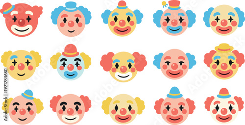 Cute clown face cartoon icon set flat vector collection of circus joker characters isolated on light background
