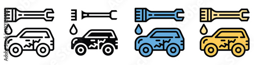Colorful car maintenance icons with tools and oil drops