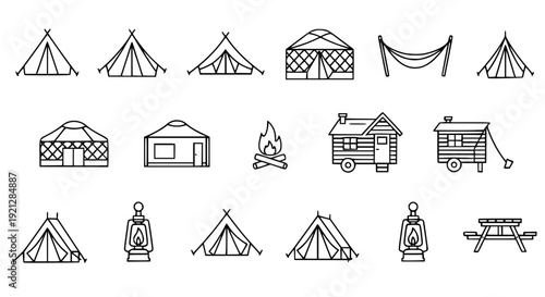 Luxury Glamping Outline Vector Icons Tent Cabin Yurt Adventure Camping Symbols