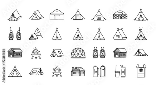 Glamping Icon Outline Set Vector Tents Yurts Cabins Adventure Camping Collection