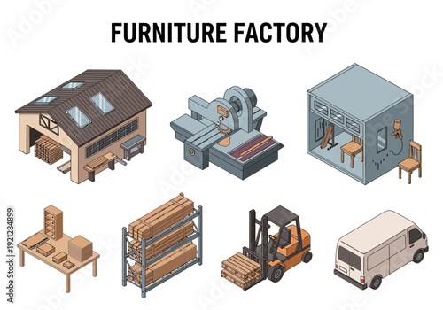 Isometric illustrations of a furniture factory, showcasing various buildings, machinery, and logistics vehicles