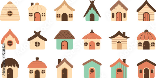 Cute cottage house icon set flat vector collection of small village homes isolated on light background