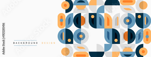 Abstract geometric pattern. Circles, squares, rectangles overlap creating modern design. Warm colors dominate, with blue accents. Minimalist style.