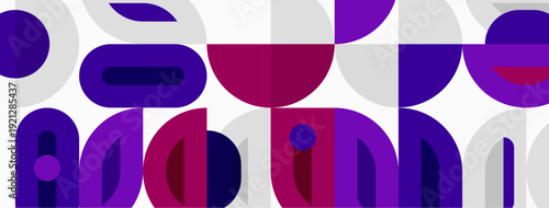 Abstract geometric pattern. Purple shades dominate, creating midcentury modern aesthetic. Shapes overlap, forming dynamic composition.