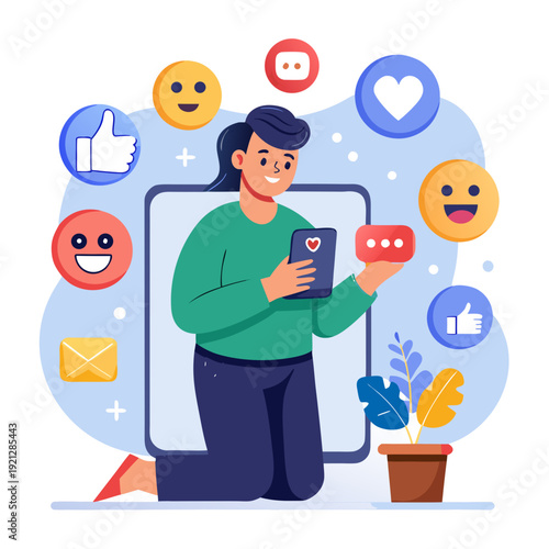 business man with social network icons. Interactive with friends on chat with emoticon feedback.Social media,marketing, like,social network,blog,live,chat reaction and livestream.Person using smart