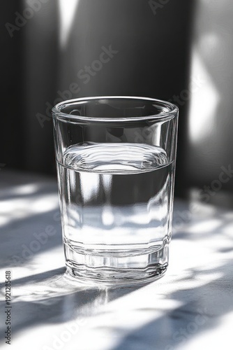 Clear glass of water on sunlit table with soft shadows and a calm minimalist atmosphere