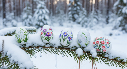 snow tree colorful easter eggs