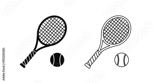 Two tennis rackets and balls in a graphic black silhouette