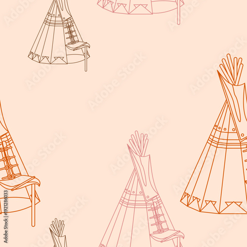 Editable Vector of Outline Oblique View Native American Tent Illustration in Various Colors as Seamless Pattern for Creating Background of Traditional Culture and History Related Design