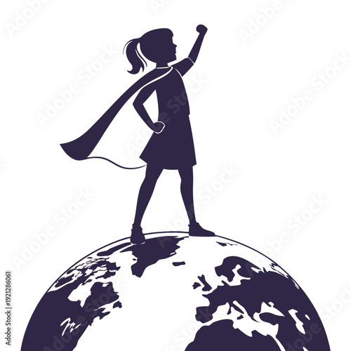 Girl Superhero Standing on Globe, Empowered Silhouette