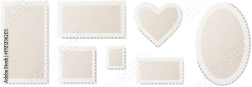 Collection of blank rectangular and heart shaped postage stamps with dotted borders