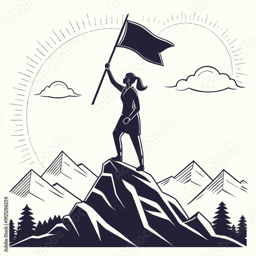 Woman with Flag on Mountain Peak, Summit Victory