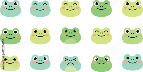 Cute frog face emoji cartoon icon set flat vector collection of funny amphibian expressions isolated on light background