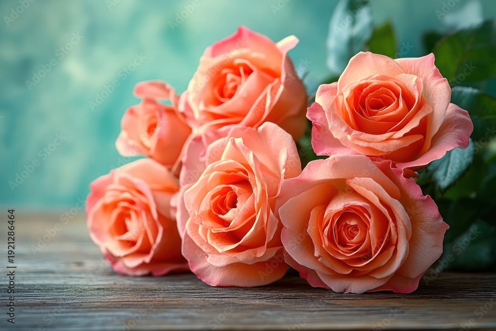 Naklejka premium Six peach roses on a rustic wooden table with soft teal bokeh background, evoking romance and gentle serenity