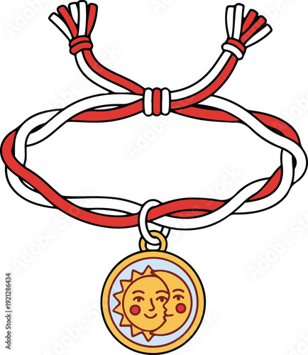 Vector illustration of a traditional Martisor bracelet featuring twisted red and white strings and a gold charm depicting a combined sun and moon face.