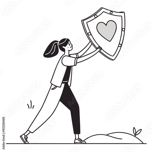 Woman protecting heart with shield, symbol of love and safety