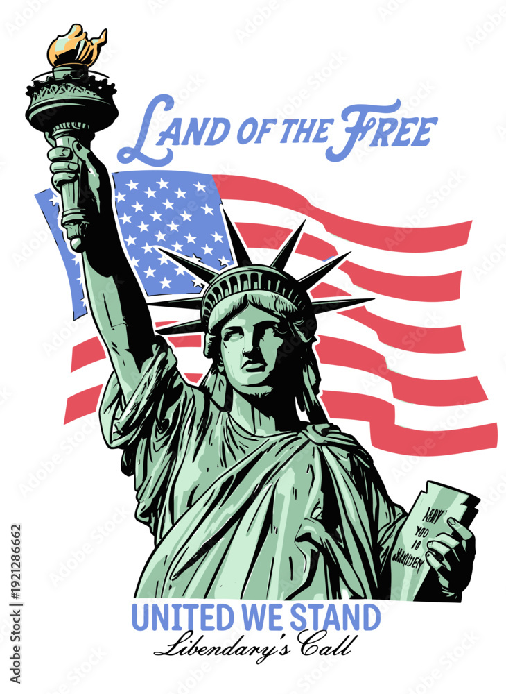 Fototapeta premium Statue of Liberty and waving American flag with 'Land of the Free' text, patriotic vector illustration for US national holidays and t-shirt design.