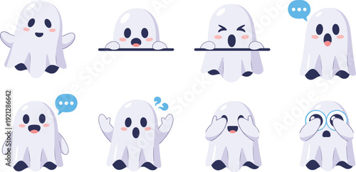 Cute ghost cartoon character set flat vector collection of funny spooky spirits with different emotions isolated on light background