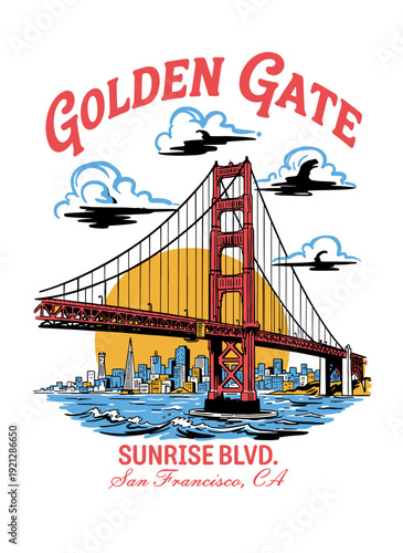 Retro Golden Gate Bridge San Francisco cityscape vector illustration for t-shirt design and travel poster.