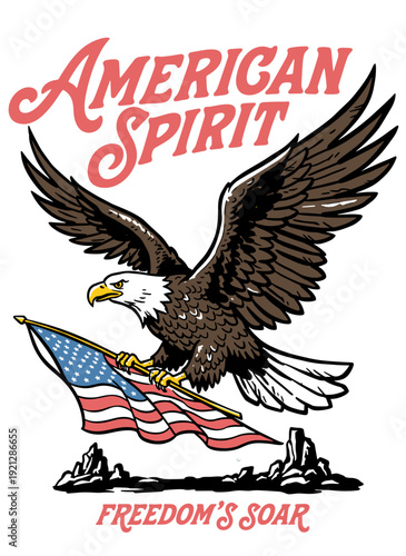 American Spirit bald eagle and USA flag vector illustration, patriotic Americana graphic design for T-shirt and emblem.
