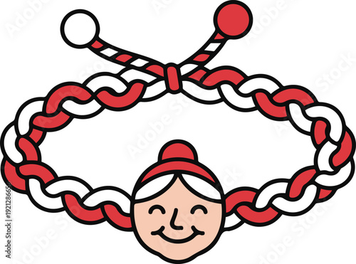 Vector illustration of a traditional Martenitsa bracelet woven from red and white threads, featuring a smiling face of an old woman (Baba Marta), symbolizing the arrival of spring.