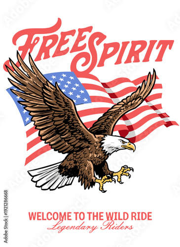 Americana bald eagle and waving American flag graphic illustration with 'Free Spirit' text, classic vector design for t-shirt or poster.
