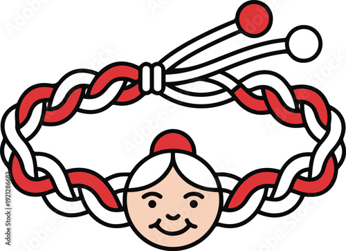 Vector illustration of a traditional Martenitsa bracelet made of twisted red and white threads, featuring a central charm of a smiling old woman's face (Baba Marta), representing the arrival of spring