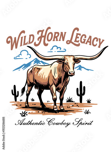Western Longhorn Bull emblem with 'Wild Horn Legacy' text, mountains, and cactus vector illustration for t-shirt design and branding.
