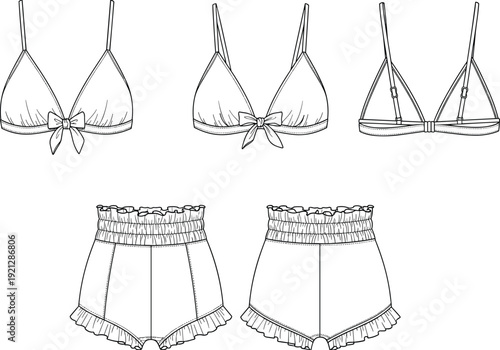 Flat vector illustration of lingerie fashion sketch, bralette and shorts design, technical drawing, apparel pattern, sleepwear concept, clothing industry