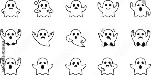 Cute ghost outline icon set flat vector collection of spooky Halloween spirit doodles isolated on light background