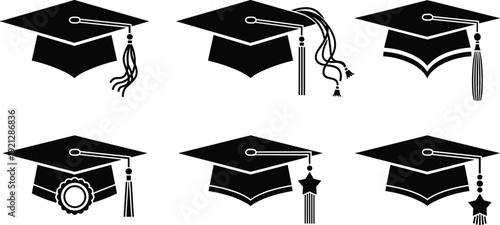 Black graduation cap silhouette set with tassels, academic hats for commencement ceremony, university degree success icons for education and student achievement
