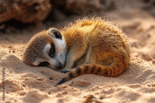 Curled golden-brown desert mammal with striped tail sleeping on sunlit sand, calm and cozy