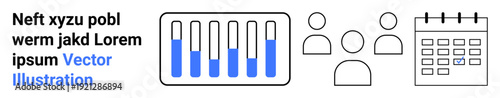 Bar graph with highlighted data, three simple human figures denoting team, and a calendar with a marked date. Ideal for analytics, teamwork, planning, project management, scheduling, reports simple