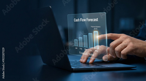 Businessman Analyzing Cash Flow Forecast on Futuristic Virtual Screen with Laptop, Financial Projections and Profit Growth Chart, Digital Accounting and Corporate Finance Concept